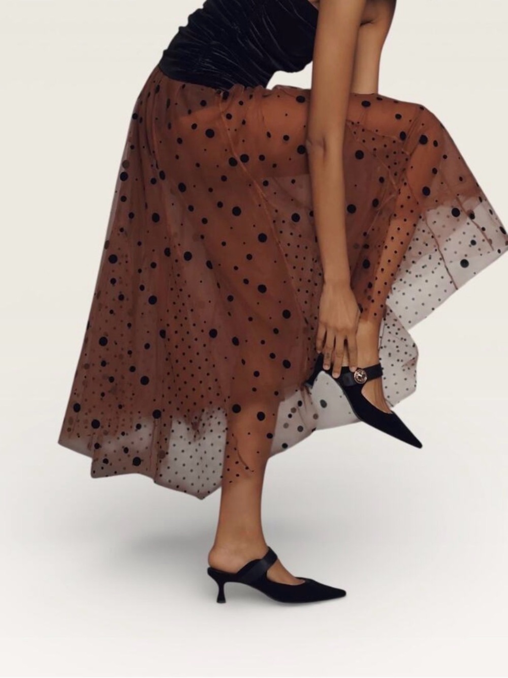 Anthropologie Maeve Brown Tulle Midi Skirt with Black Polka Dots